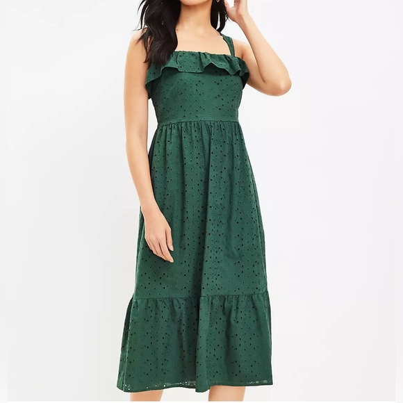 LOFT Dresses & Skirts - LOFT Eyelet Ruffle Square Neck Sun Dress Green Size 10